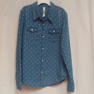 Cherokee Denim Polka Dot Button Down Shirt L 10 12